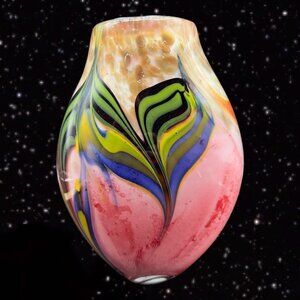 Cased Art Glass Vase Thick Glass With Small Bubbles Multicolor‎ Glittery 9.5”T